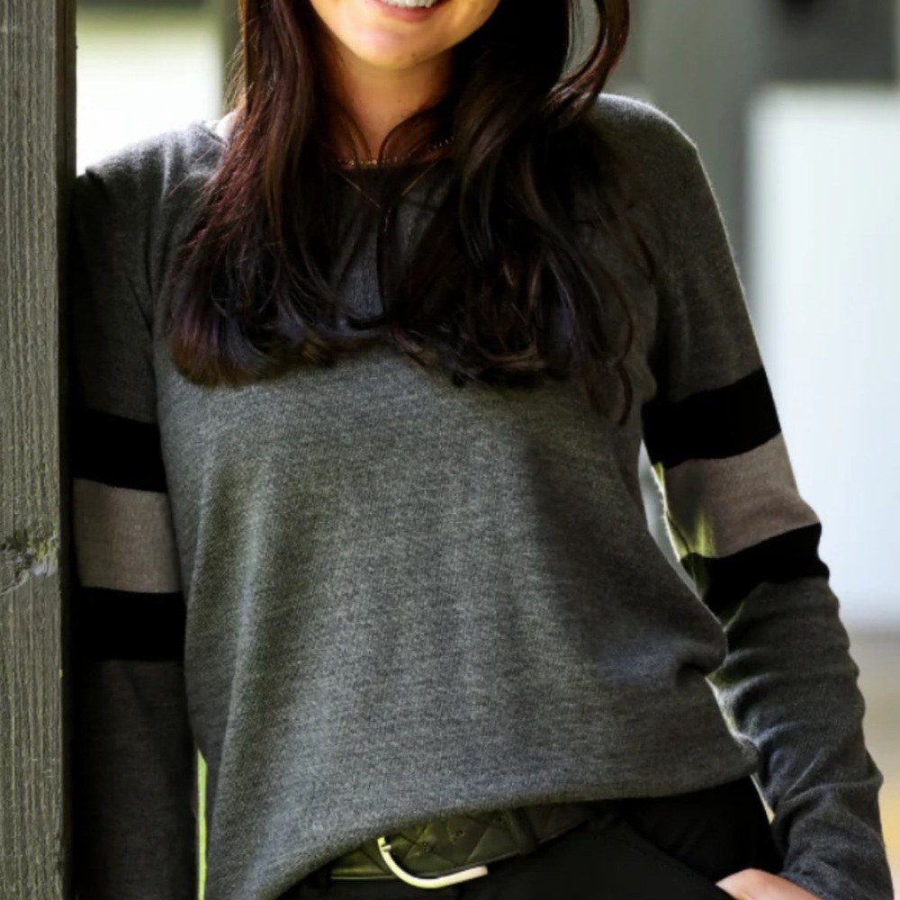 Gray Crew Neck Sweater with Black Stripes